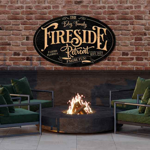 firepit sign on a brick wall