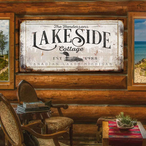 Personalized Family Name Lake House Sign On Rustic Faux Wood Canvas with Mallard in the Center