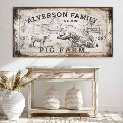 Personalized family name pig farm sign with mother sow and piglet. Rustic faux white canvas with antique border