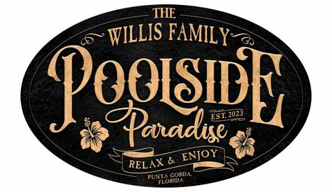 pool and patio sign on black background with gold letters that say 'name' poolside paradise