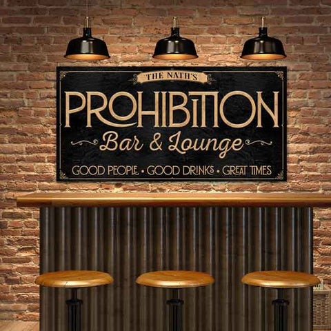 Custom prohibition bar and lounge wall art. Black canvas with gold lettering and custom family name. 