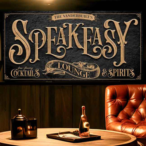 Custom speakeasy basement bar sing personalized on black metal or canvas. Includes family name at the top with "cocktails lounge and spirits" at the bottom. 