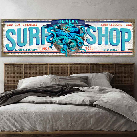 Surf Shop Wall Art with Detailed Octopus on Faux Wood Canvas
