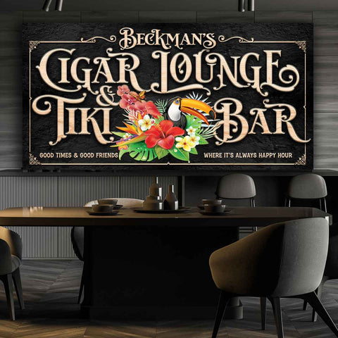 Cigar Lounge Tiki Bar Personalized Sign. Black canvas with gold lettering and toucan with tropical flowers.