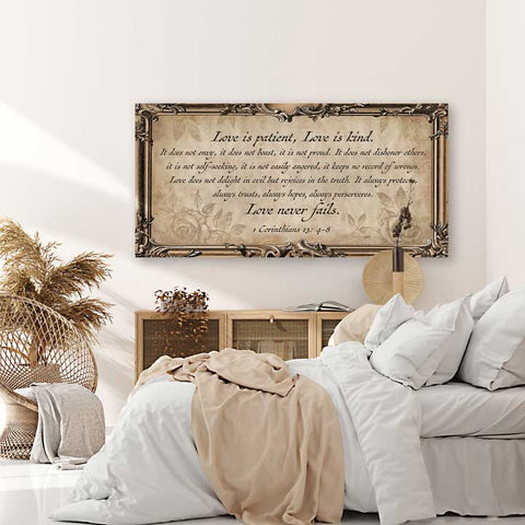 1 Corinthians 13 Love is Patient Wall Art for Bedroom. Ornate faux frame on canvas with cursive scripture writing.