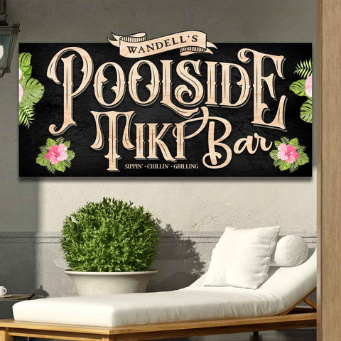 Custom oversized poolside tiki bar sign with tropical foliage and pink hibiscus flowers.