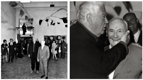 Alexander Calder et Joan Miró lors du vernissage de la rétrospective Calder à la Fondation Maeght, 1969. collage