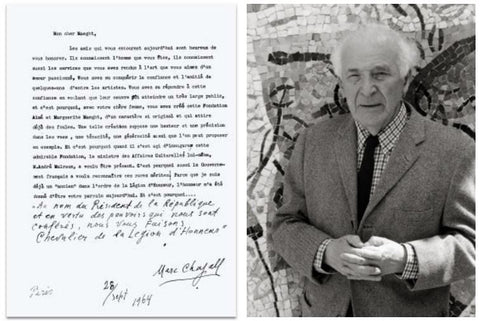 Discours de Marc Chagall à l’occasion de la remise de la Légion d’honneur à Aimé Maeght, 28 septembre 1964. à droite Marc Chagall à la Fondation Maeght, 1978