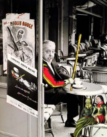 Jacques Prévert. Collage réalisé avec l’affiche de la première exposition de Jacques Prévert à la Galerie Maeght rue du Bac en 1956.