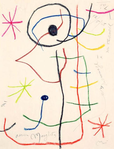 Joan Miro, À Adrien Maeght, en hommage à son travail, 12 mai 1965, pastel gras sur papier, 37x28,5cm