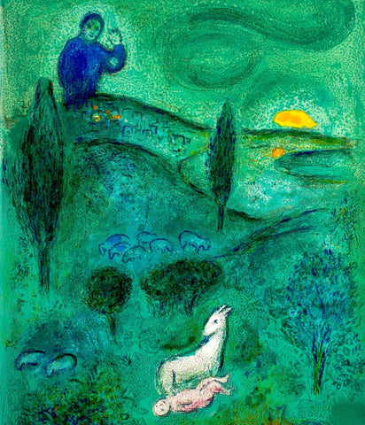 La litho Découverte de Daphnis par Lamon issue du livre Daphnis & Chloé illustré par Chagall.