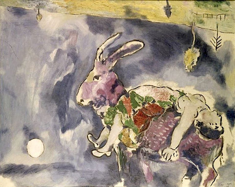 Marc Chagall, Le lapin, 1927. On est vraiment dans le jardin d'Alice, dans les entrailles de la terre. Lewis Carroll n'est pas loin.