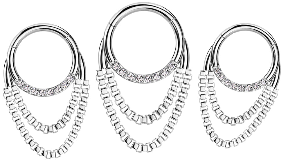 clear CZ double dangle chain titanium hinged segment ring