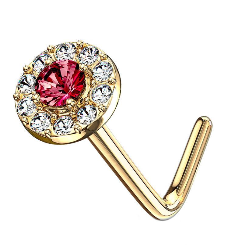 14kt Gold Disk Red Gem L Bend Nose Ring | UrbanBodyJewelry.com