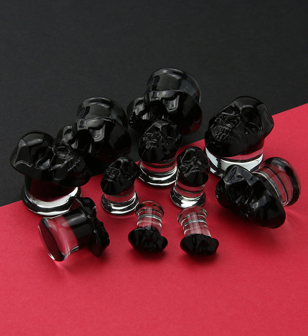 Black Skull Double Flare Glass Plugs - Gauges