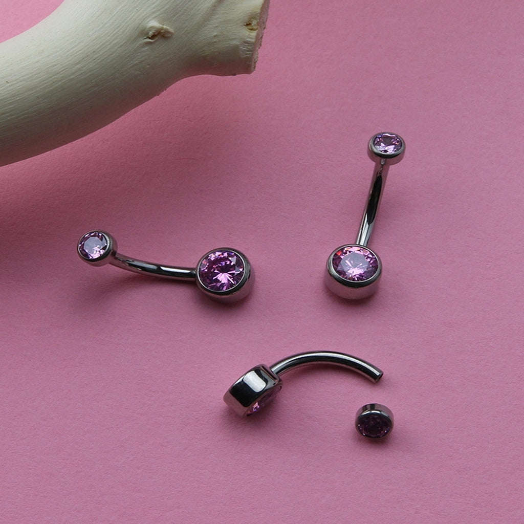 Pink Double Flat Bezel CZ Titanium Belly Button Ring | UrbanBodyJewelry.com