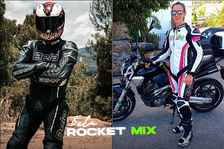 a male and female bike rider wearing maximo moto bela rocket mix motorcycle suit.