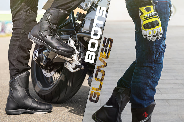 a male motorbike rider is wearing maximo moto uk motorcycle boots and gloves in two different styles.