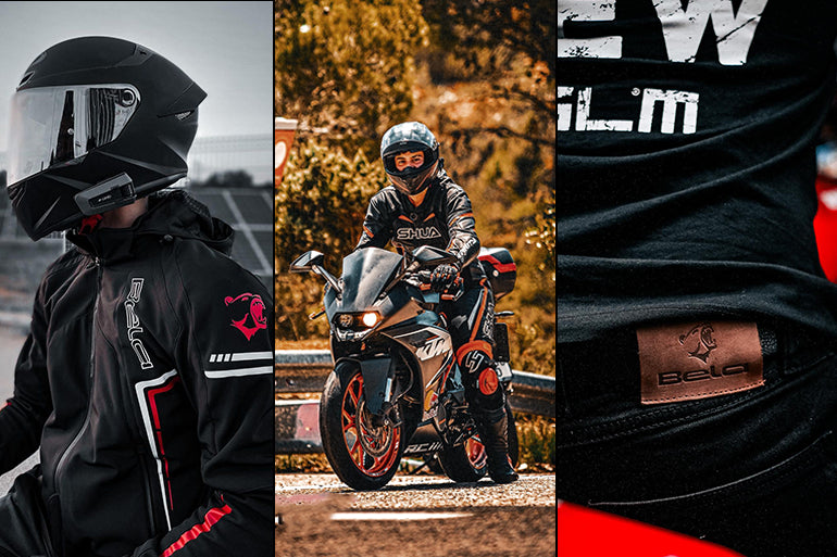 a male motorbike rider is wearing maximo moto motorcycle jacket, trouser, and suit in three different styles.