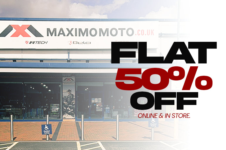 maximo moto offer 50% off sale on motorcycle gear in store and online