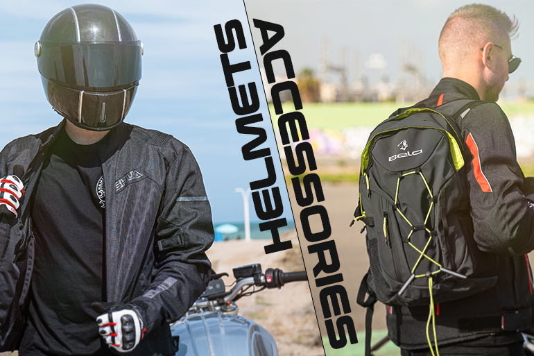 a make motorbike rider is wearing maximo moto motorcycle bag and helmet in two different styles.