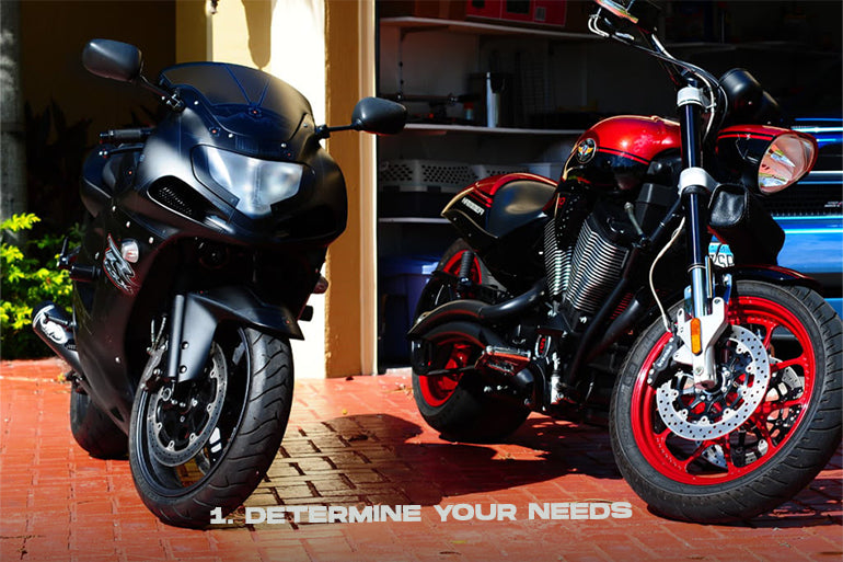 Two motorcycle bikes with a text of determining motorcycle accessories needs