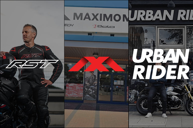 An image featuring the logos of three motorcycle gear stores: Maximo Moto, RST, and Urban Rider, artistically arranged together