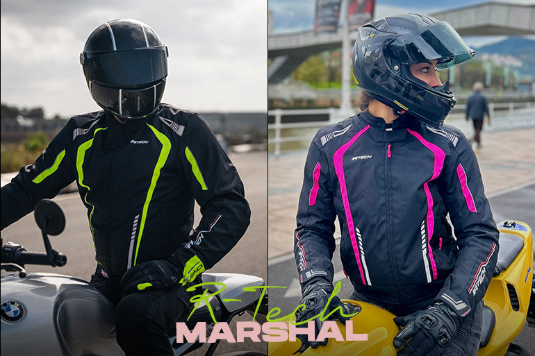 a male and female bike rider wearing a maximo moto r-tech marshal motorcycle textile jacket.