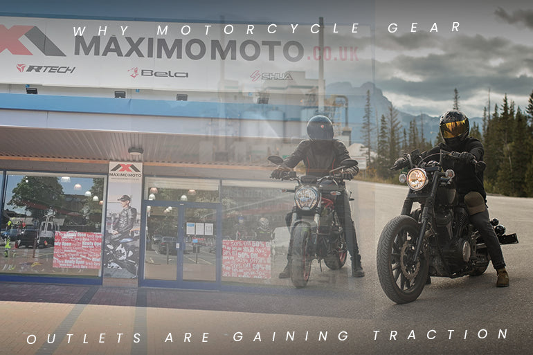 Two motorcyclists, each wearing full protective gear, are standing outside the Maximo Moto motorcycle gear store in Astle Park, UK.