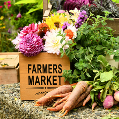 Farmers Market box of flowers and vegetables