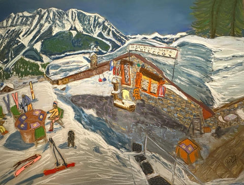 Chiecco Ristorante in Courmayeur Mont Blanc. Painting by Martina Diez-Routh, mountain artist