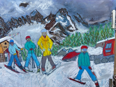 Friends and family skiing in Courmayeur Mont Blanc in front of Maison Vielle. Pastel Painting by Martina Diez-Routh