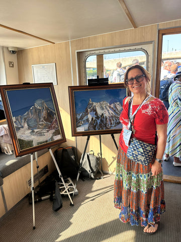 Martina Diez-Routh exhibiting at Listex Luxury on a boat on the River Thames these two paintings: Dent du Gèant and Aiguille des Drus et Aiguille Verte. 
