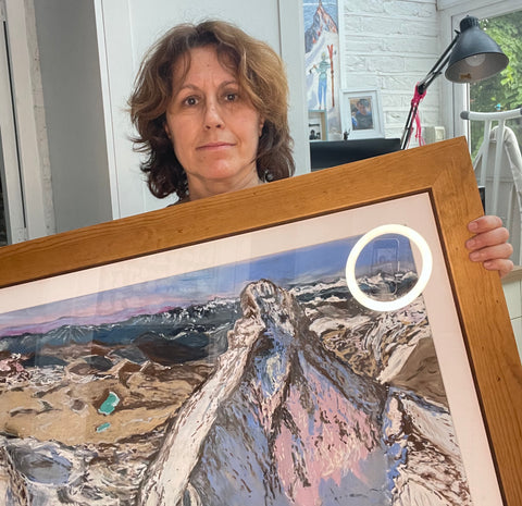 Martina Diez-Routh with a soft pastel mountain art piece of the Matterhorn, Zermatt, Switzerland. 