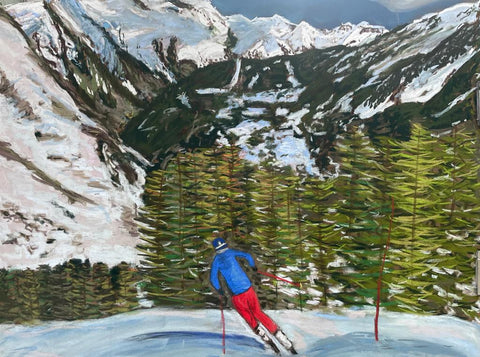 Andrea Caroglio skiing in La Thuile, soft pastels painting by Martina Diez-Routh
