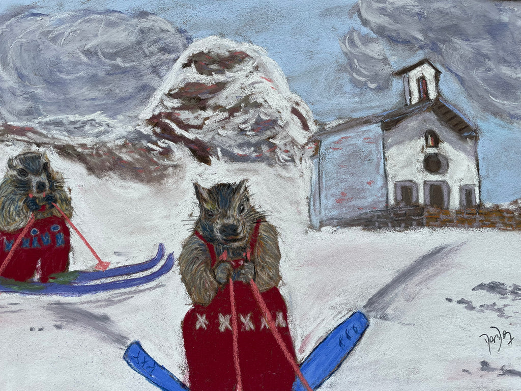 two marmots with skis in Gressoney