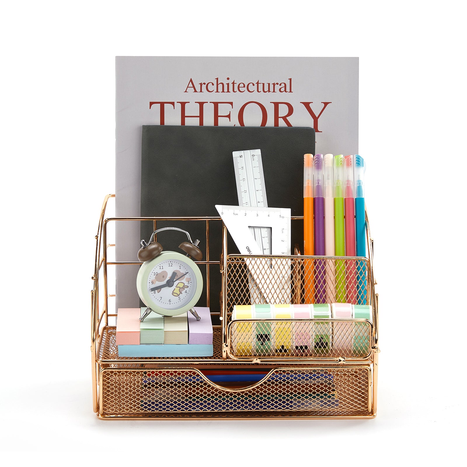 UPGRADE Desk Organizer, Mesh Office Supplies Desk Accessories, Office Desktop Pen Holder Caddy with 5 Compartments and 1 Large Drawer for School Office Bedroom Home (Champagne gold)