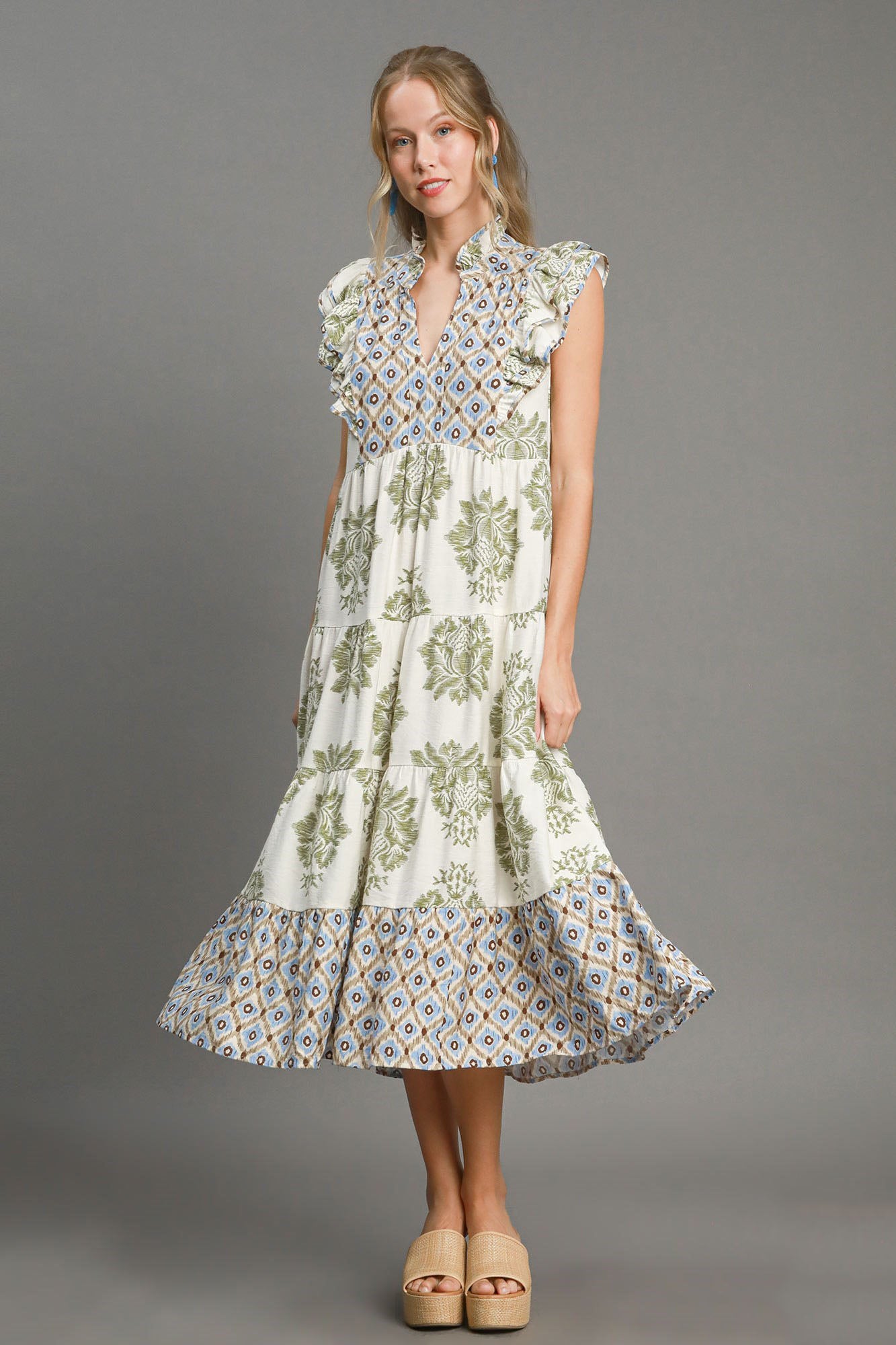 Umgee Full Size Mixed Print Ruffle Cap Sleeve Midi Dress Plus Size