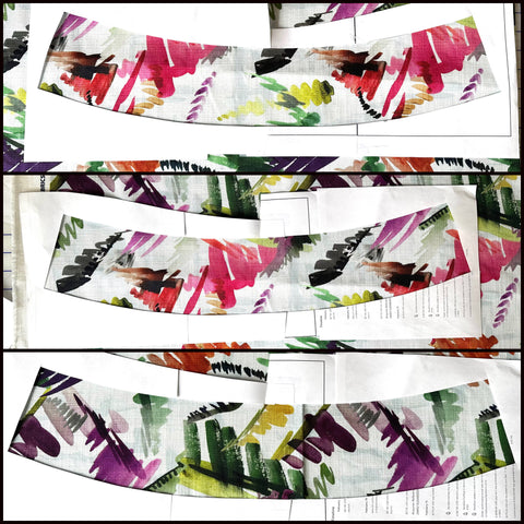 Collage image shows a paper template framing different sections of the fabric from the previous image.