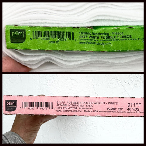 Collage showing the bolt ends of 2 Pellon products: 987F - fusible fleece and 911FF fusible interfacing