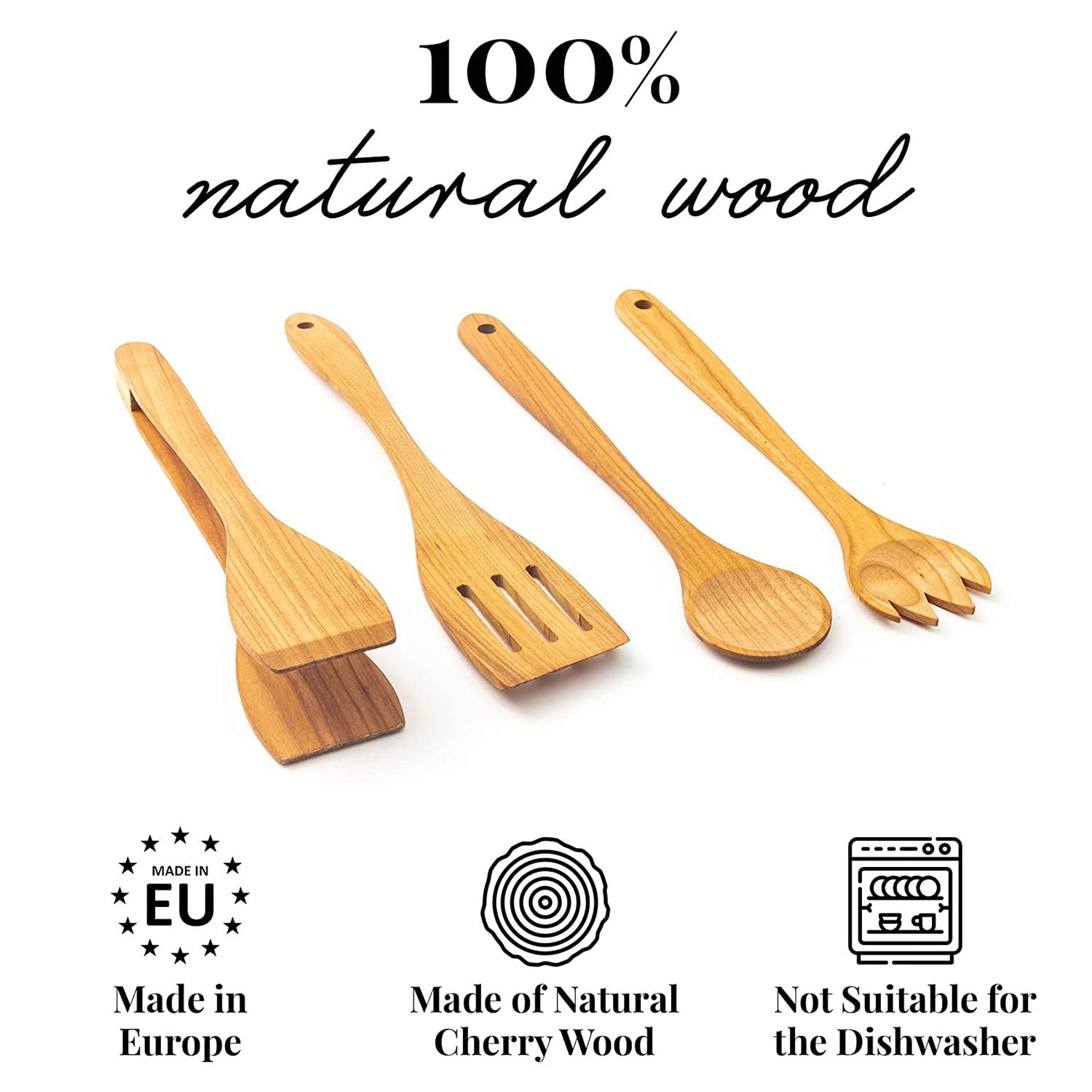 Seven Piece Hand Crafted Cherry Wood Cooking Utensil Set by Four