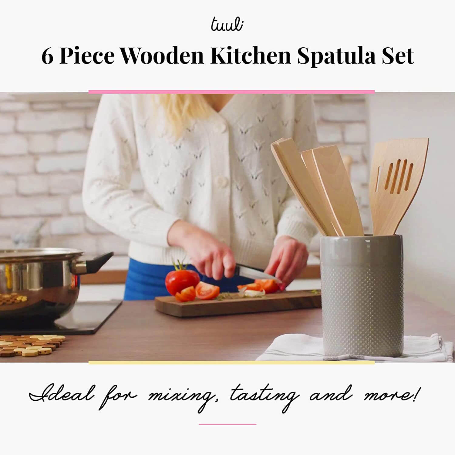Tuuli Kitchen 9 Piece Wooden Kitchen Utensils Set 6X Cooking Spoon Honey Dipper 2x Spatula