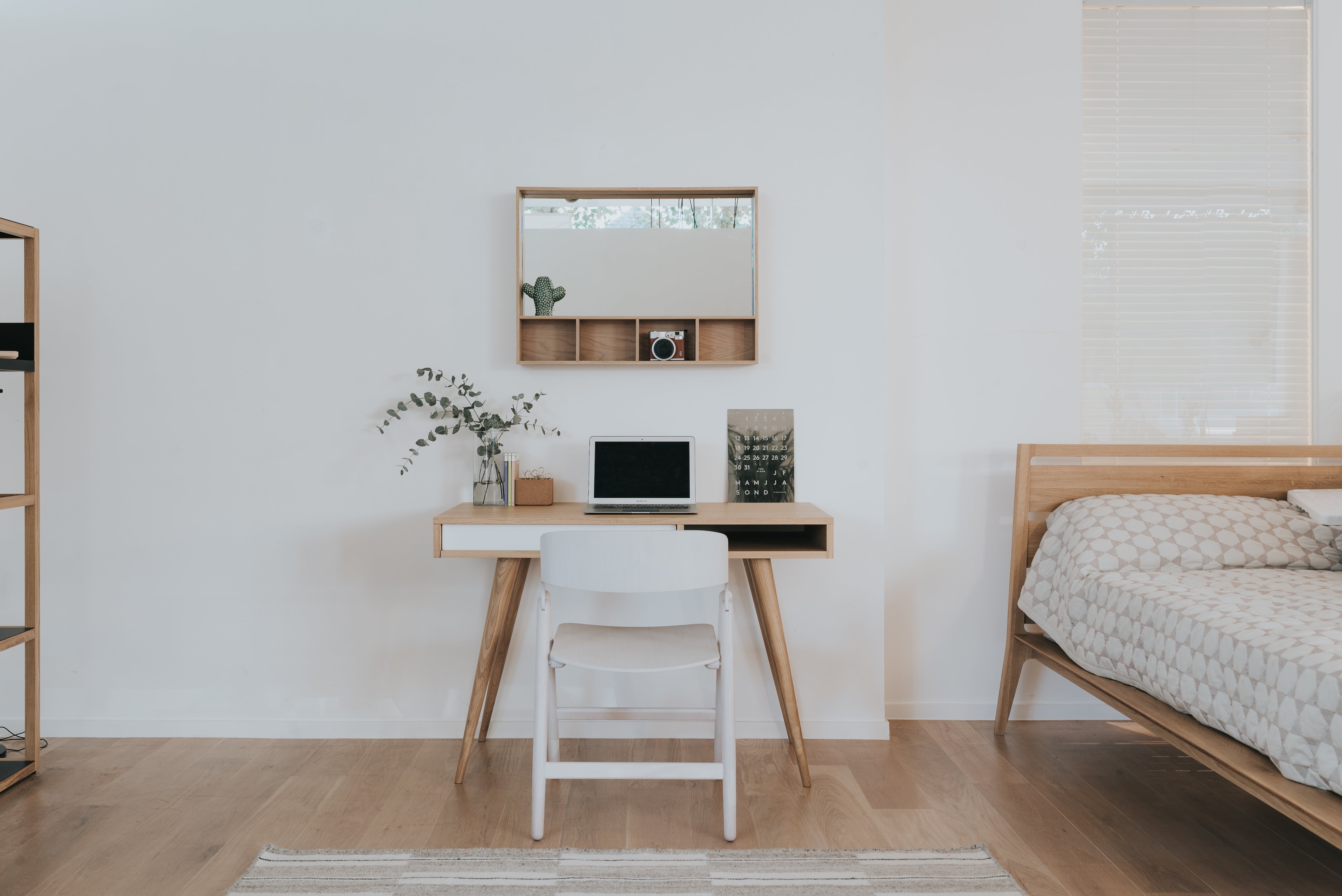 Arca Wall Box Small in oak with desk and bed in view