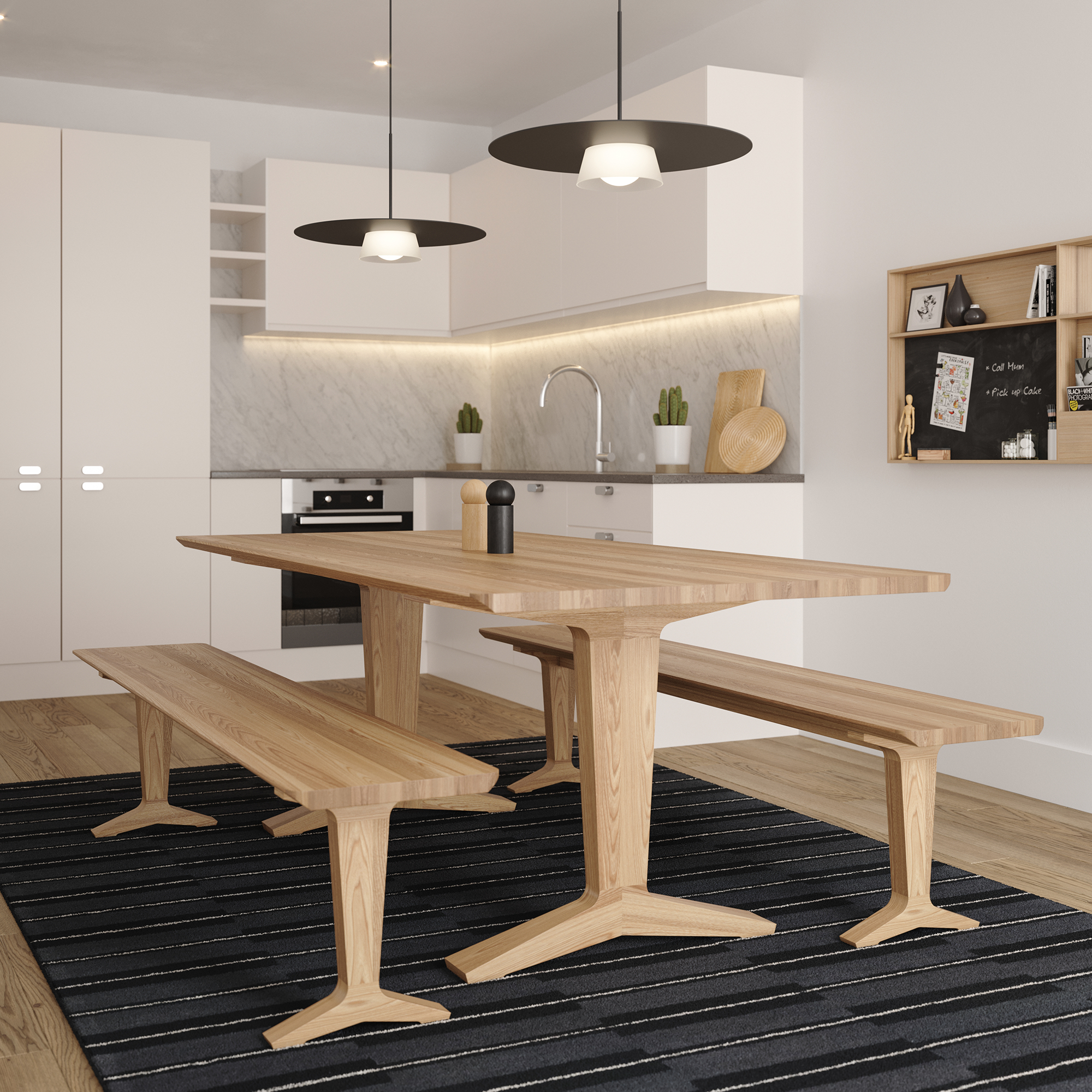 contemporary wooden dining table and benches