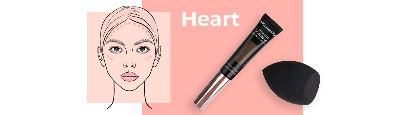 A person with a heart face with dot marks to indicate contour locations. Also featured is a makeup sponge and contour wand.