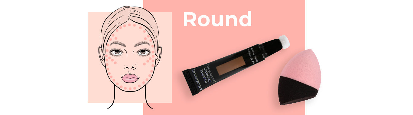 A person with an round face with dot marks to indicate contour locations. Also featured is a makeup sponge and contour wand.