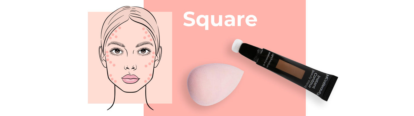 A person with a square face with dot marks to indicate contour locations. Also featured is a makeup sponge and contour wand.