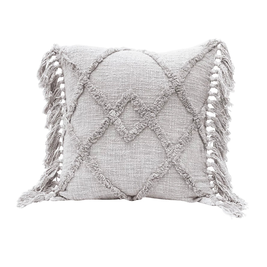 DF4566 20" Cotton Blend Pillow w/ Tufted Pattern & Fringe, Polyester Fill