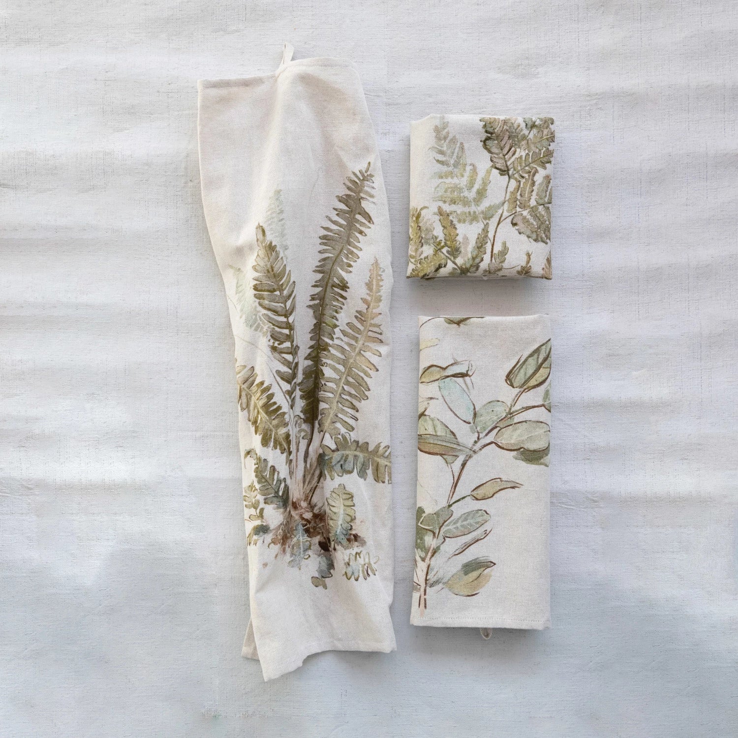 DF6730A Cotton & Linen Printed Tea Towel w/ Botanical Image & Loop, 3 Styles