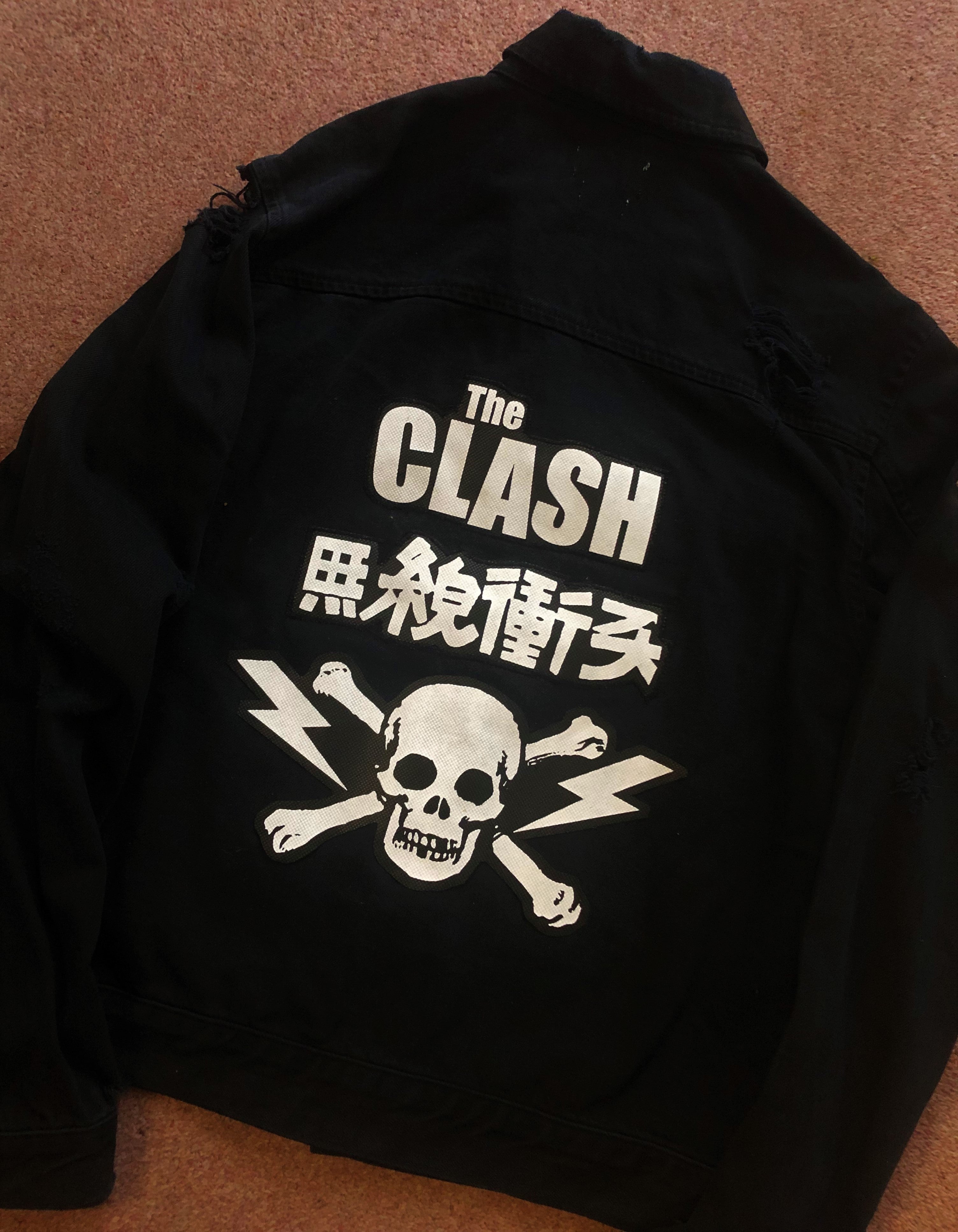 The Clash Lightning Bolt Skull Black Distressed Denim Punk Jacket